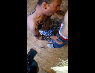 Tatted homo marionette gargle on knees