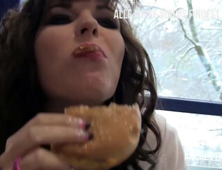 Dark-haired tongues spunked burger after dt in the store