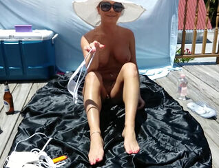 Yam-sized mammories Cougar sunbathing sans bra