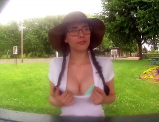 German chick displaying bosoms in the park before fellatio